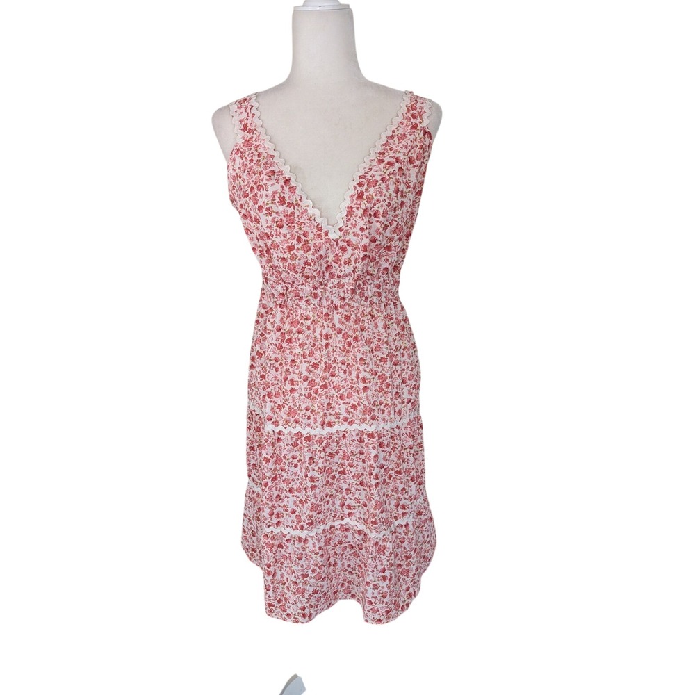 Beachsissi Floral Tiered Sundress Pink Orange Ric-Rac Trim V-Neck XL Flowy NEW